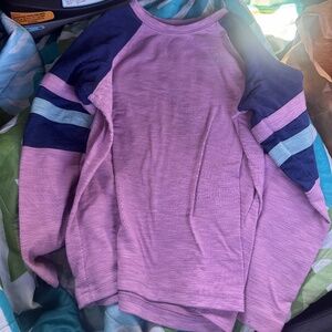 Comfortable kids shirt by L.L. Bean. Features purple body with blue sleeves and